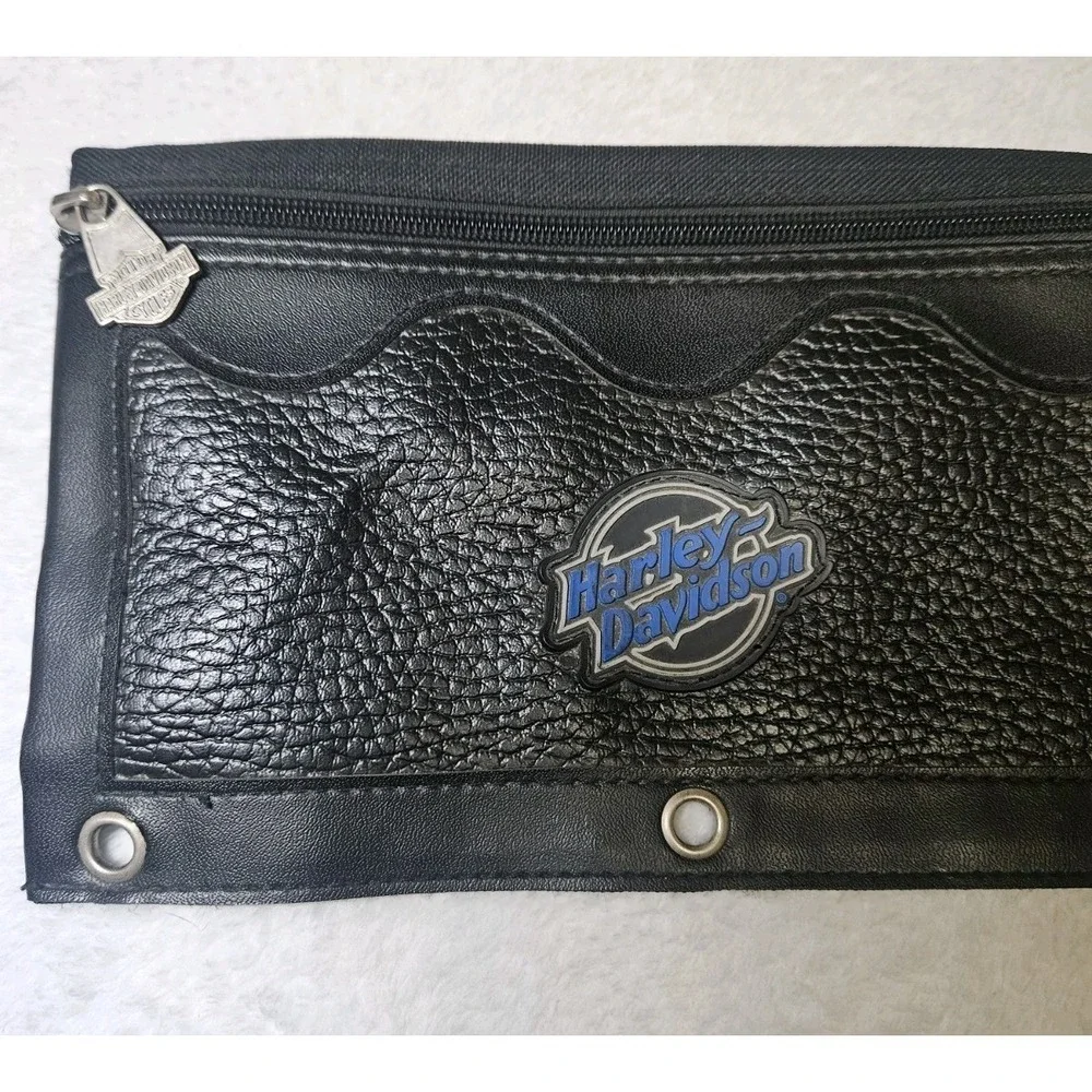 Harley Davidson Zipper Pouch 3 Ring Binder Pencil Case Black Faux Leather Logo